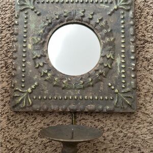 Mirror Candle Holder Green Patina Square Wall Decor Carved Tin Design Vintage
